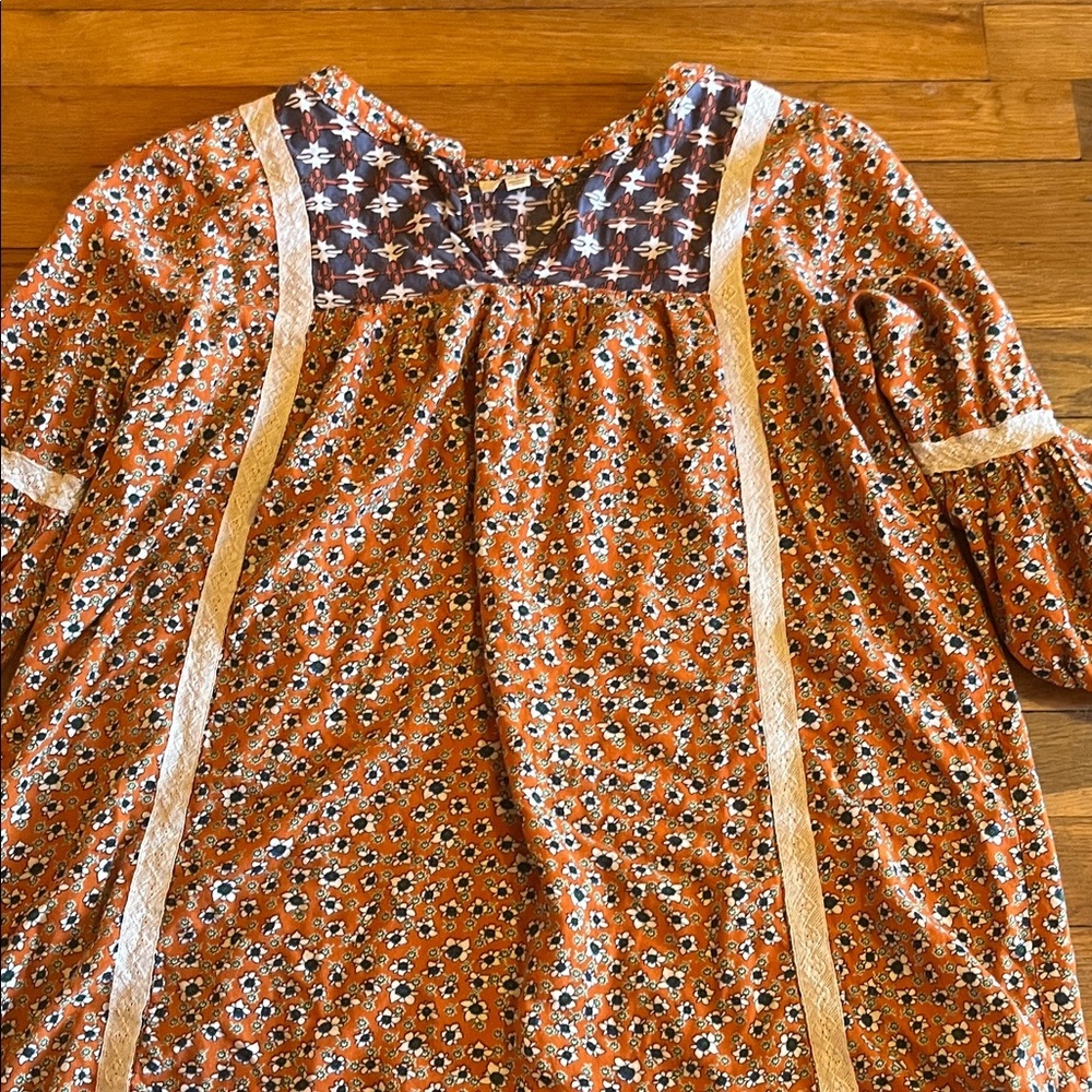 Umgee Rust Floral Peasant Top with Cream Lace Trim